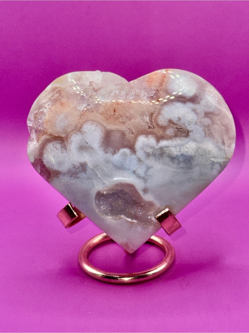 Pink Amethyst & Flower Agate Heart Decorative Crystal Accent with Druzy on Stand
